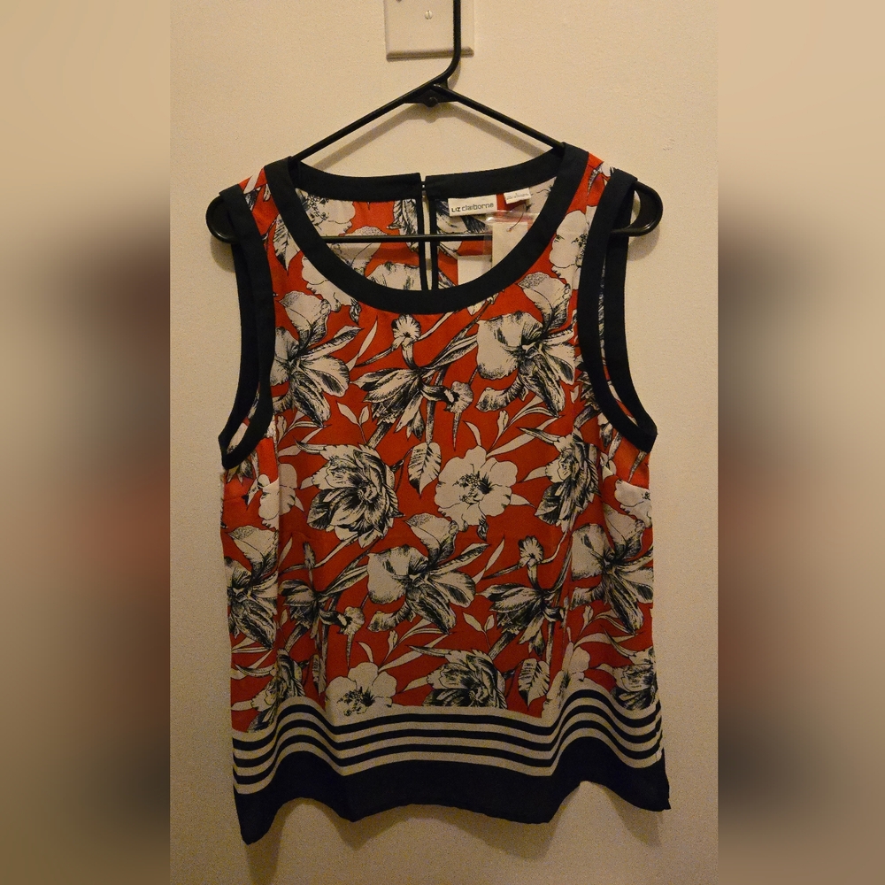 Liz Claiborne Women's Floral Sleeveless Blouse - Red and Dark Navy